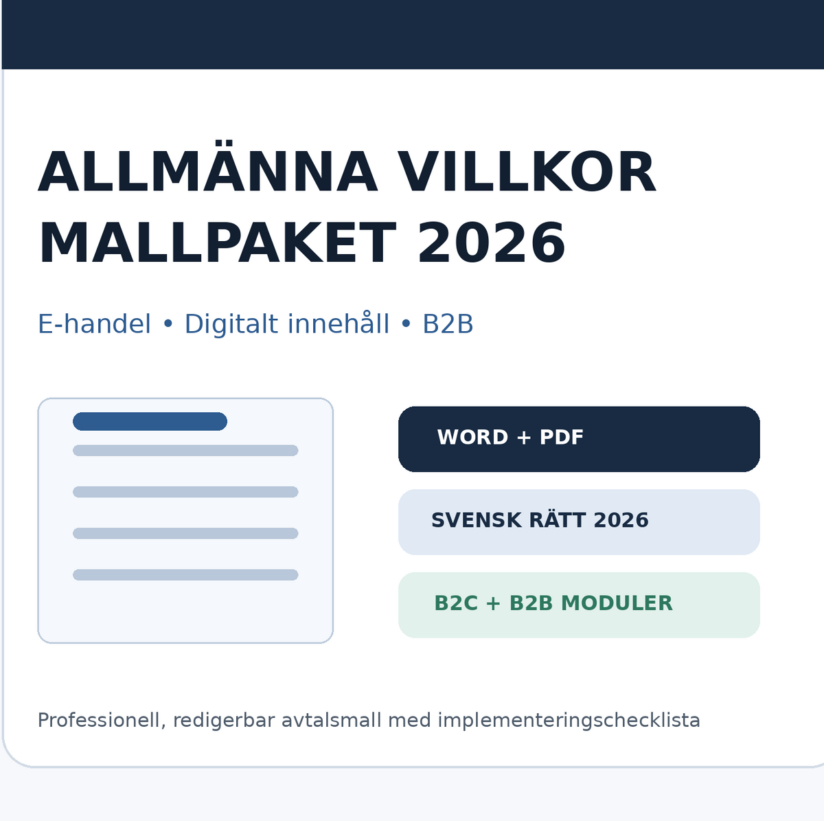Allmänna villkor mallpaket 2026 för e-handel och företag – Word och PDF