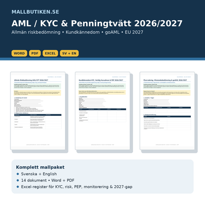 AML KYC Penningtvätt 2026/2027 svenska engelska Word PDF Excel mallpaket