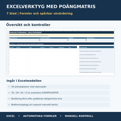 Excel anbudsutvärdering med poängmatris status och viktade kriterier upp till 20 anbud