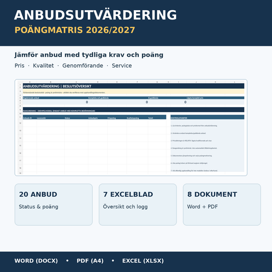Anbudsutvärdering poängmatris 2026/2027 Excel Word PDF mallpaket