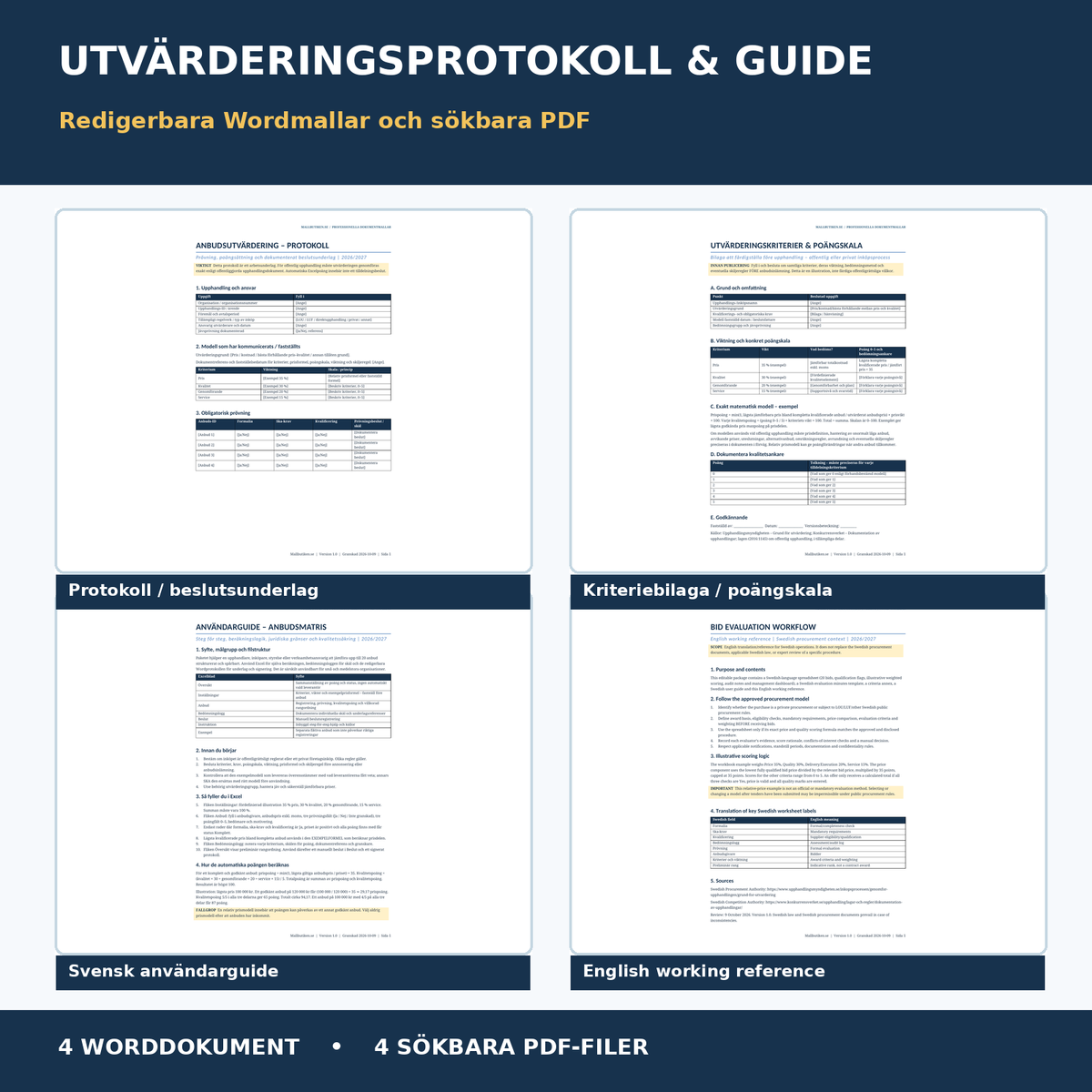 Anbudsutvärderingsprotokoll kriteriebilaga användarguide Word PDF svenska engelska