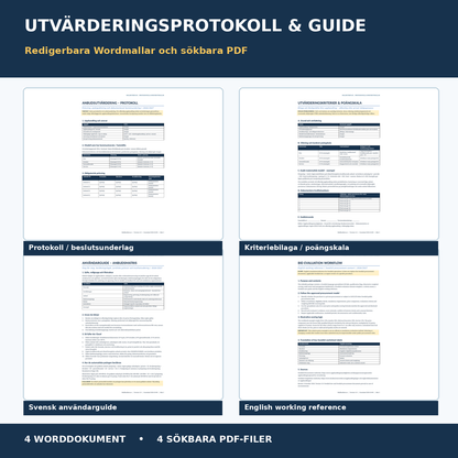Anbudsutvärderingsprotokoll kriteriebilaga användarguide Word PDF svenska engelska