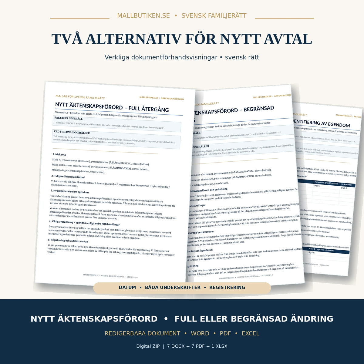 Förhandsvisning av verkliga Word och PDF mallar för full eller delvis ändring av äktenskapsförord