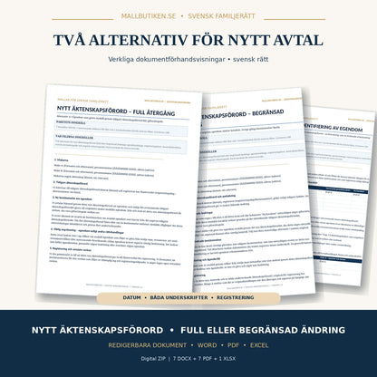 Förhandsvisning av verkliga Word och PDF mallar för full eller delvis ändring av äktenskapsförord