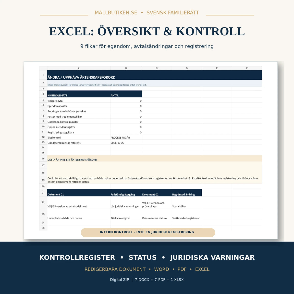Excel med nio flikar för äktenskapsförord, ändringar, egendom, formkrav och Skatteverkets registrering