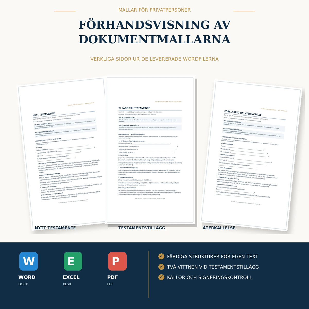 Förhandsvisning av verkliga dokumentmallar för nytt testamente, tilläggstestamente och återkallelse