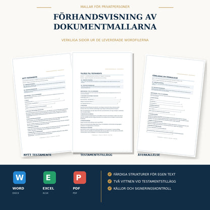 Förhandsvisning av verkliga dokumentmallar för nytt testamente, tilläggstestamente och återkallelse