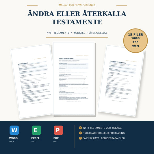 Ändra eller återkalla testamente mall – nytt testamente, kodicill och återkallelse, Word PDF Excel