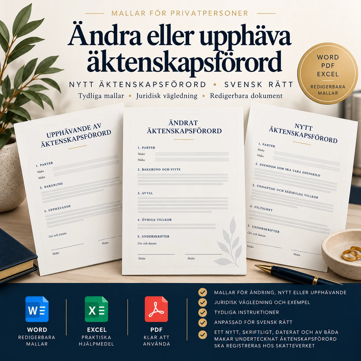 Ändra eller upphäva äktenskapsförord – nytt äktenskapsförord Word PDF Excel mallpaket