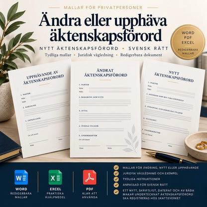 Ändra eller upphäva äktenskapsförord – nytt äktenskapsförord Word PDF Excel mallpaket