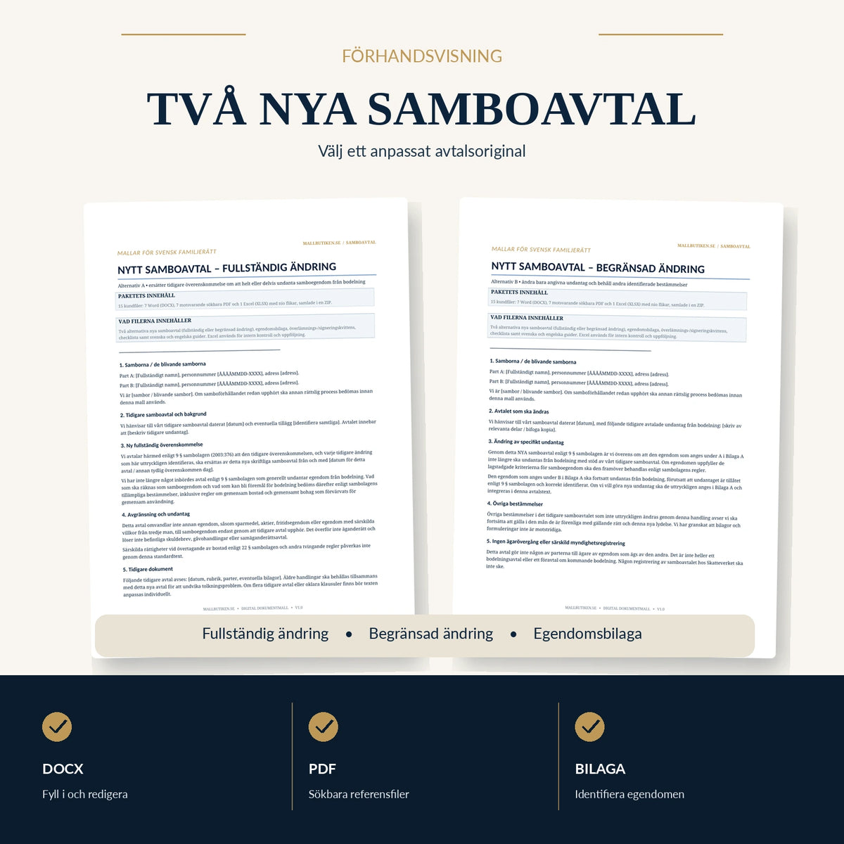 Förhandsvisning av två verkliga redigerbara samboavtalsmallar – full eller delvis ändring