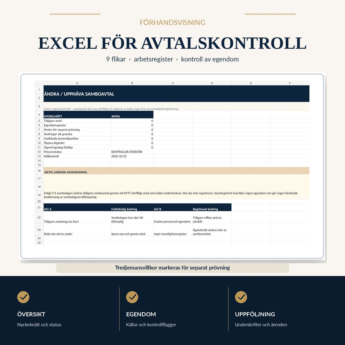 Excelkontrollregister med nio flikar, egendomskontroll och separat prövning enligt sambolagen