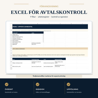 Excelkontrollregister med nio flikar, egendomskontroll och separat prövning enligt sambolagen