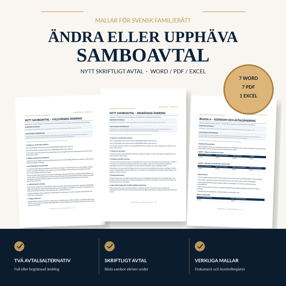 Ändra eller upphäva samboavtal – nytt samboavtal, Word PDF Excel