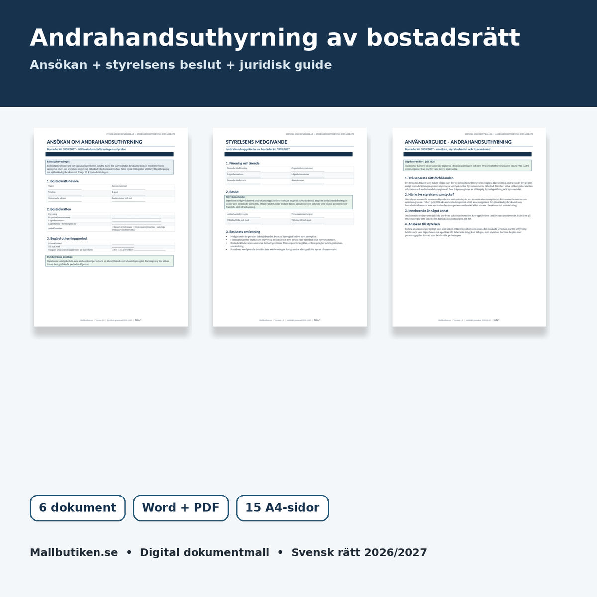Ansökan om andrahandsuthyrning av bostadsrätt 2026/2027 – Word PDF mallpaket