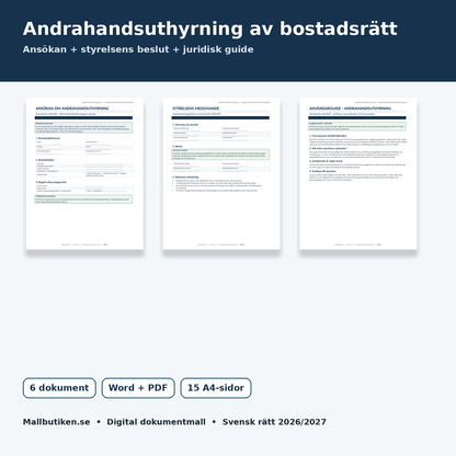 Ansökan om andrahandsuthyrning av bostadsrätt 2026/2027 – Word PDF mallpaket