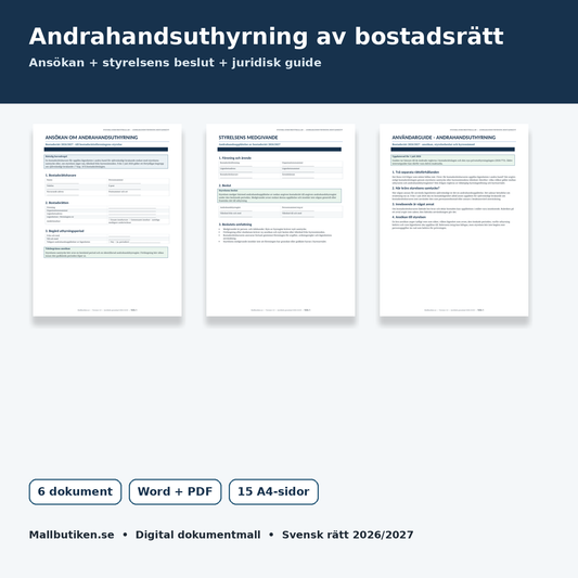 Ansökan om andrahandsuthyrning av bostadsrätt 2026/2027 – Word PDF mallpaket