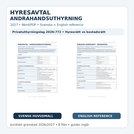 Hyresavtal andrahandsuthyrning 2027 – Word/PDF med Privatuthyrningslag 2026:772, English reference och guider
