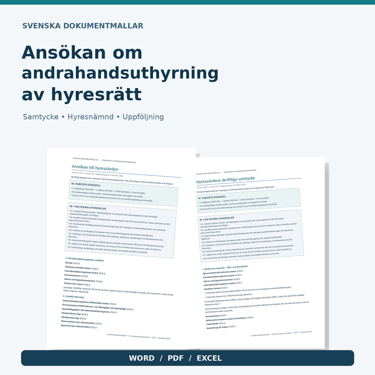 Ansökan andrahandsuthyrning hyresrätt mall Word PDF Excel – dokumentförhandsvisning