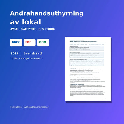 Andrahandsuthyrning av lokal 2027 – dokumentmall Word, PDF och Excel med avtalsförhandsvisning