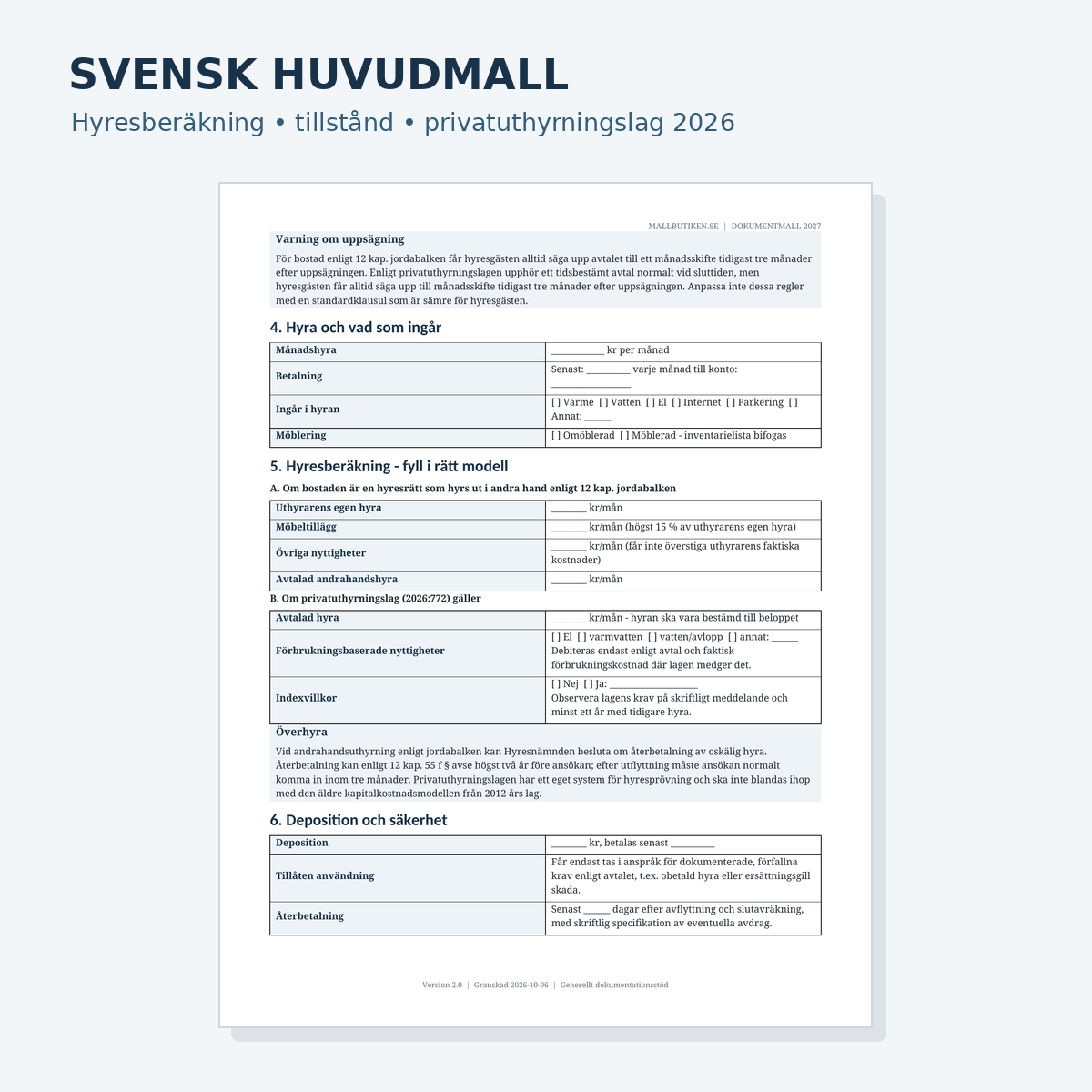 Förhandsvisning av svensk mall för hyresavtal vid andrahandsuthyrning med hyresberäkning och tillstånd