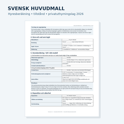 Förhandsvisning av svensk mall för hyresavtal vid andrahandsuthyrning med hyresberäkning och tillstånd