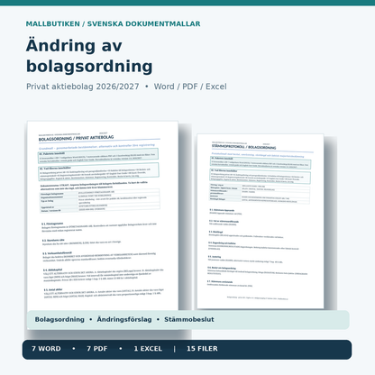 Ändring av bolagsordning aktiebolag 2026/2027 Word PDF Excel – verklig dokumentförhandsvisning