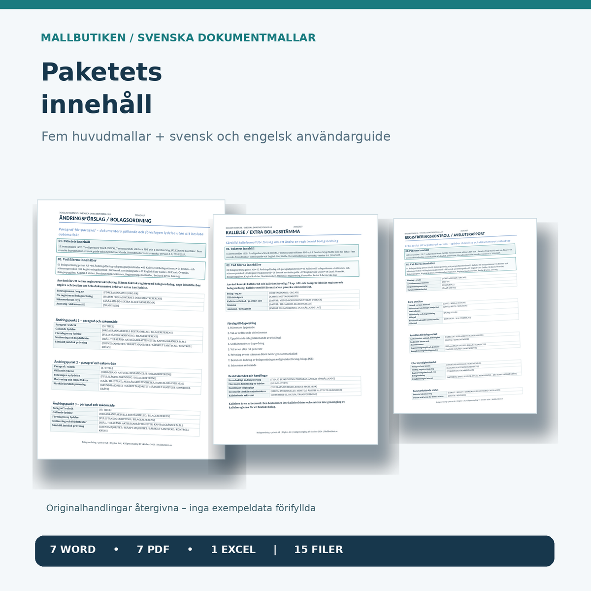 Mallpaket bolagsordningsändring med kallelse, stämmoprotokoll, registreringschecklista och guider