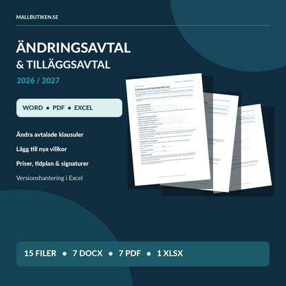 Ändringsavtal och tilläggsavtal 2027 – Word PDF Excel för B2B-avtal med ändringsbilaga