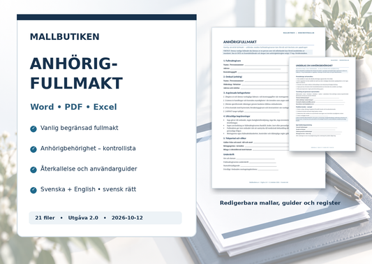 Anhörigfullmakt Word/PDF/Excel – svenska och engelska mallar med guider