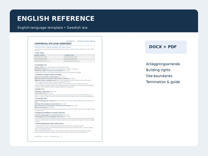 English reference commercial site lease under Swedish law in Word and PDF
