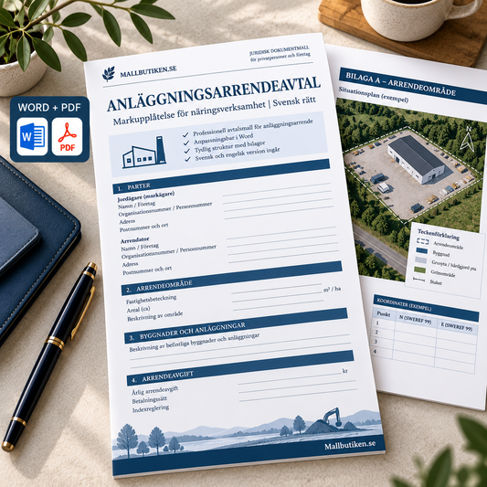 Anläggningsarrendeavtal Word/PDF för näringsverksamhet och byggnad på ofri grund