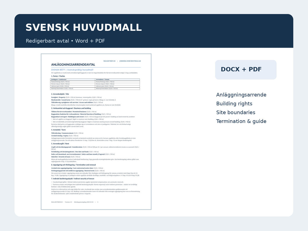 Förhandsvisning av det verkliga svenska anläggningsarrendeavtalet i Word och PDF