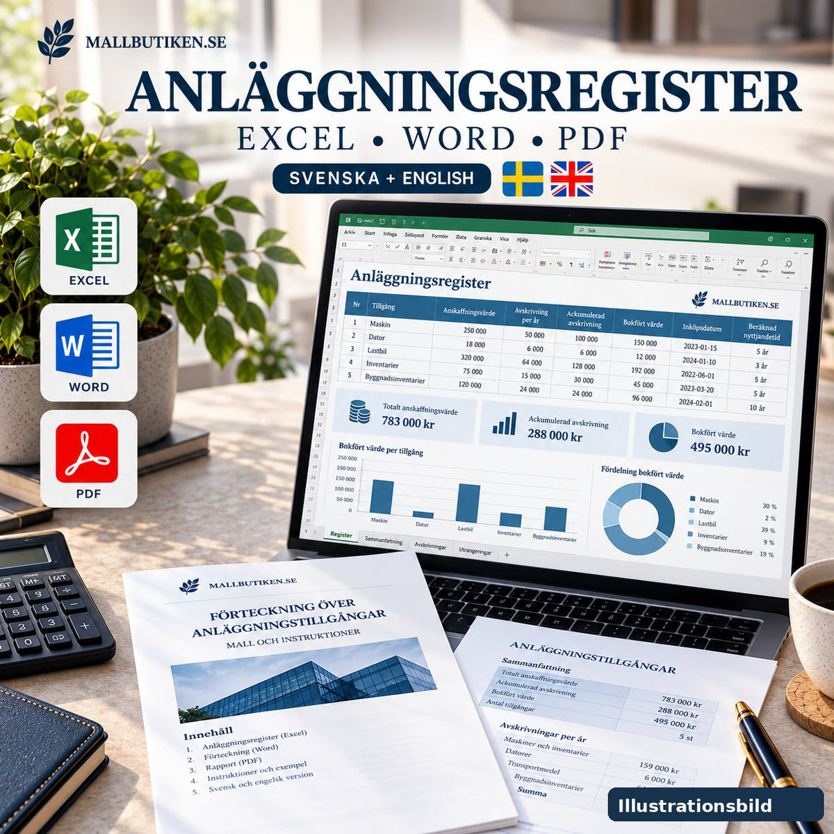 Anläggningsregister Excel Word PDF – produktillustration med svenskt och engelskt dokumentpaket