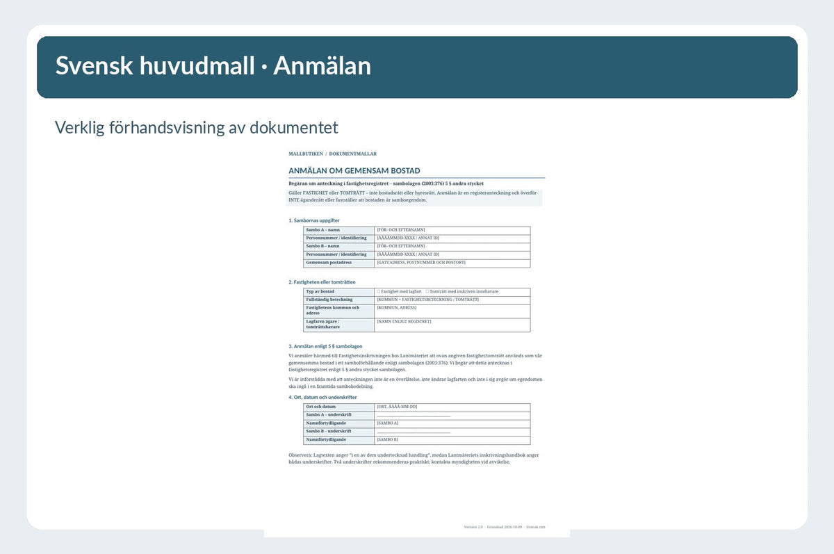 Anmälan om gemensam bostad – svensk dokumentförhandsvisning