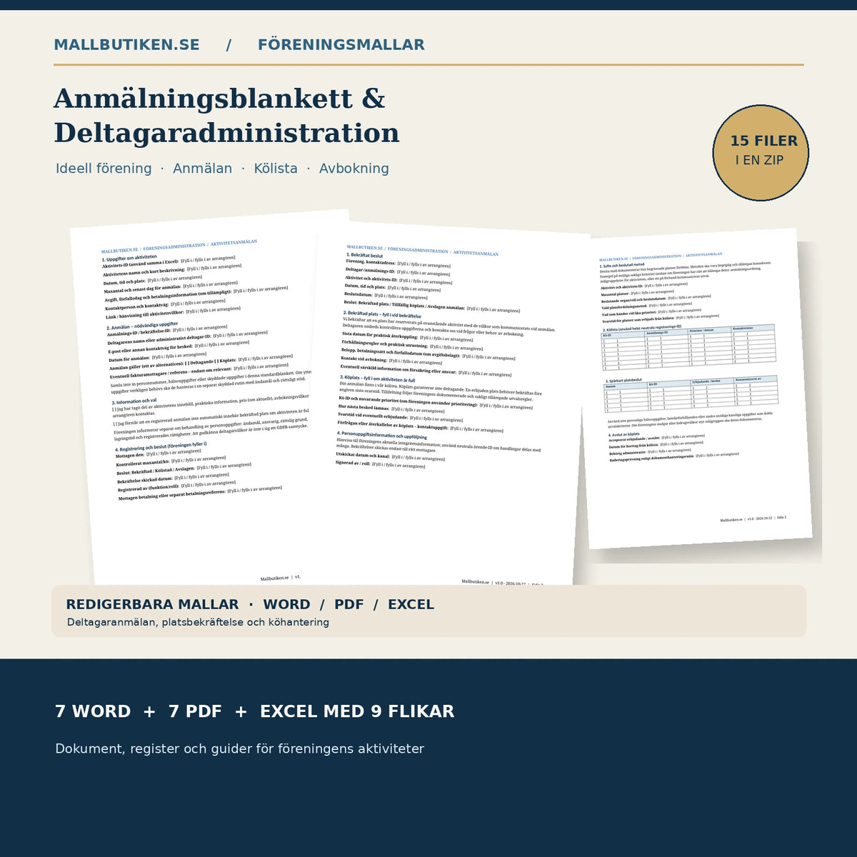 Anmälningsblankett och deltagaradministration föreningsaktiviteter – digitalt paket med Word PDF Excel
