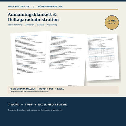 Anmälningsblankett och deltagaradministration föreningsaktiviteter – digitalt paket med Word PDF Excel