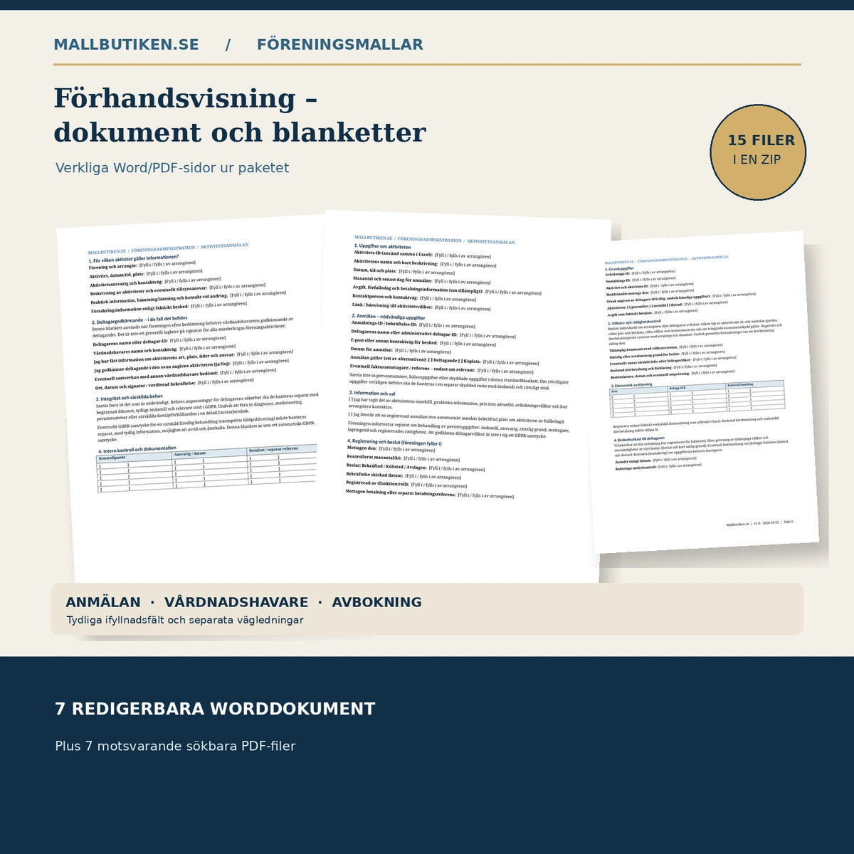 Verklig förhandsvisning av Word och PDF – anmälningsblankett, vårdnadshavarinformation och avbokning