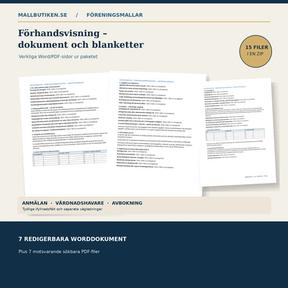 Verklig förhandsvisning av Word och PDF – anmälningsblankett, vårdnadshavarinformation och avbokning