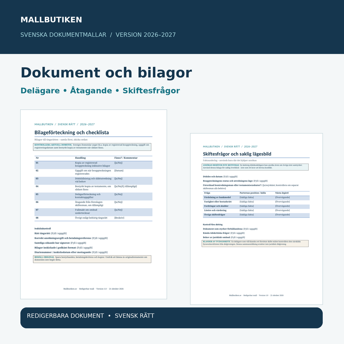 Skiftesman dödsbo – dokumentförhandsvisning av bilageförteckning och skiftesfrågor i Word och PDF