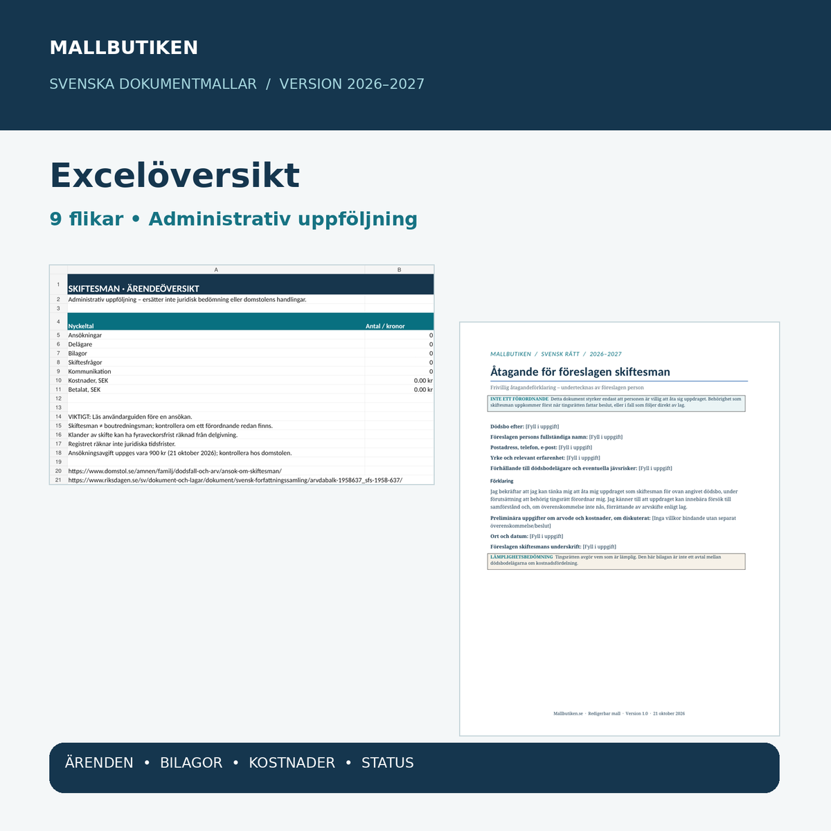 Skiftesman ärendeöversikt i Excel med nio flikar för delägare bilagor kostnader och kommunikation