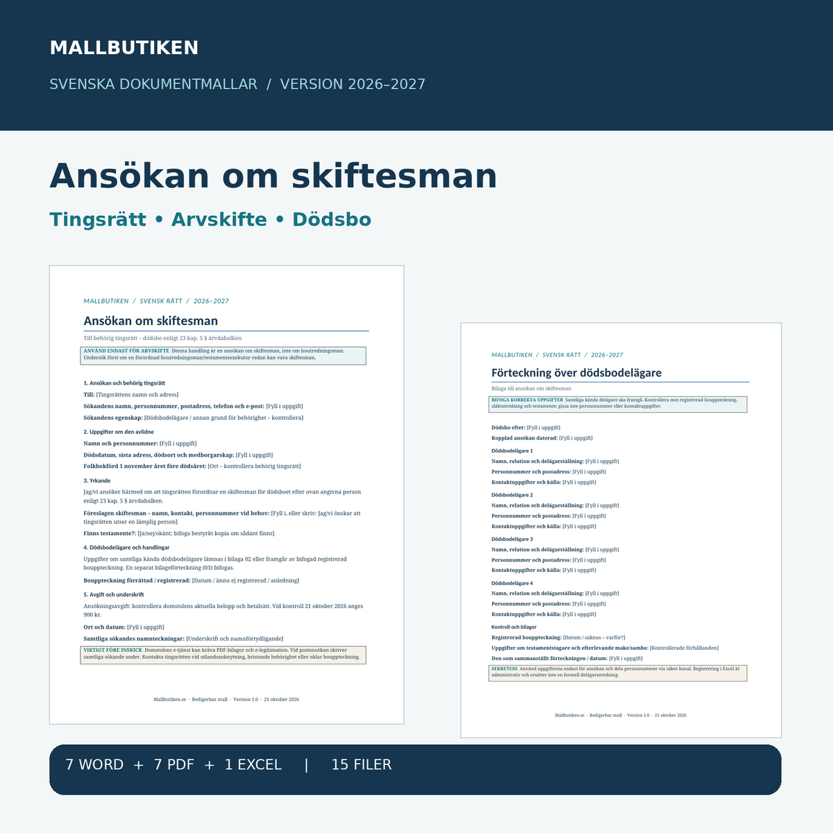 Ansökan om skiftesman arvskifte – verklig Word och PDF mall med delägarförteckning och Excel