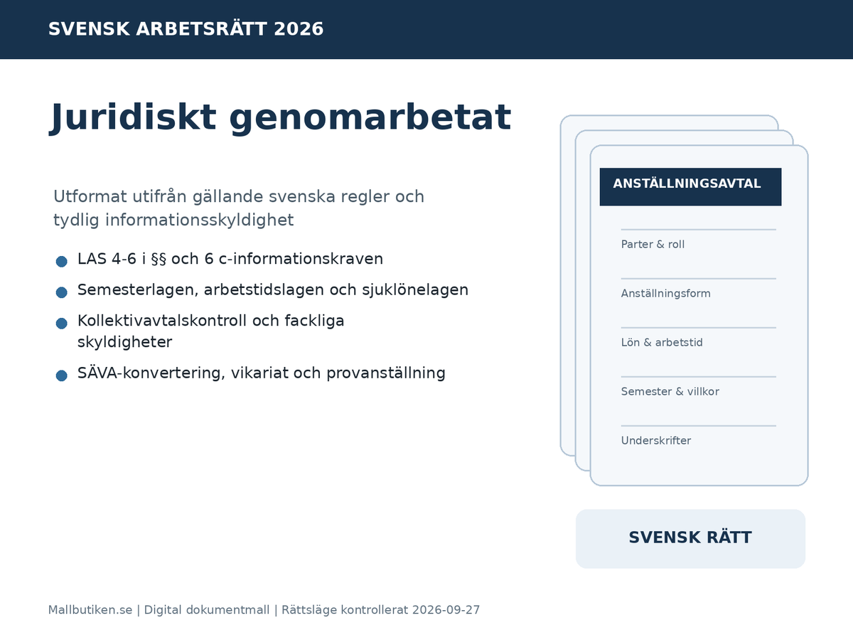 Anställningsavtal 2026 enligt svensk arbetsrätt med LAS semesterlag arbetstidslag och sjuklönelag