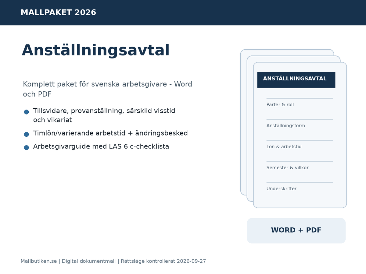 Anställningsavtal mallpaket 2026 i Word och PDF för svenska arbetsgivare