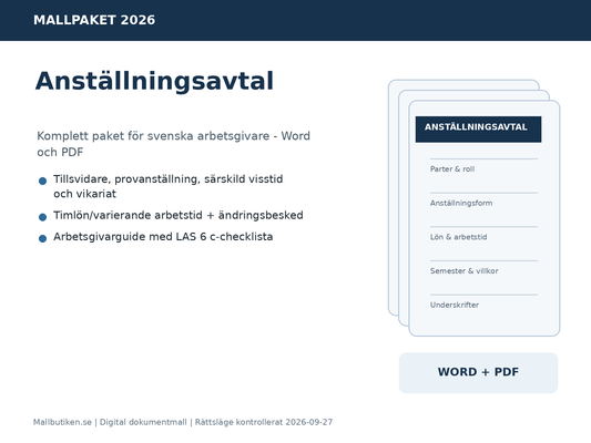 Anställningsavtal mallpaket 2026 i Word och PDF för svenska arbetsgivare