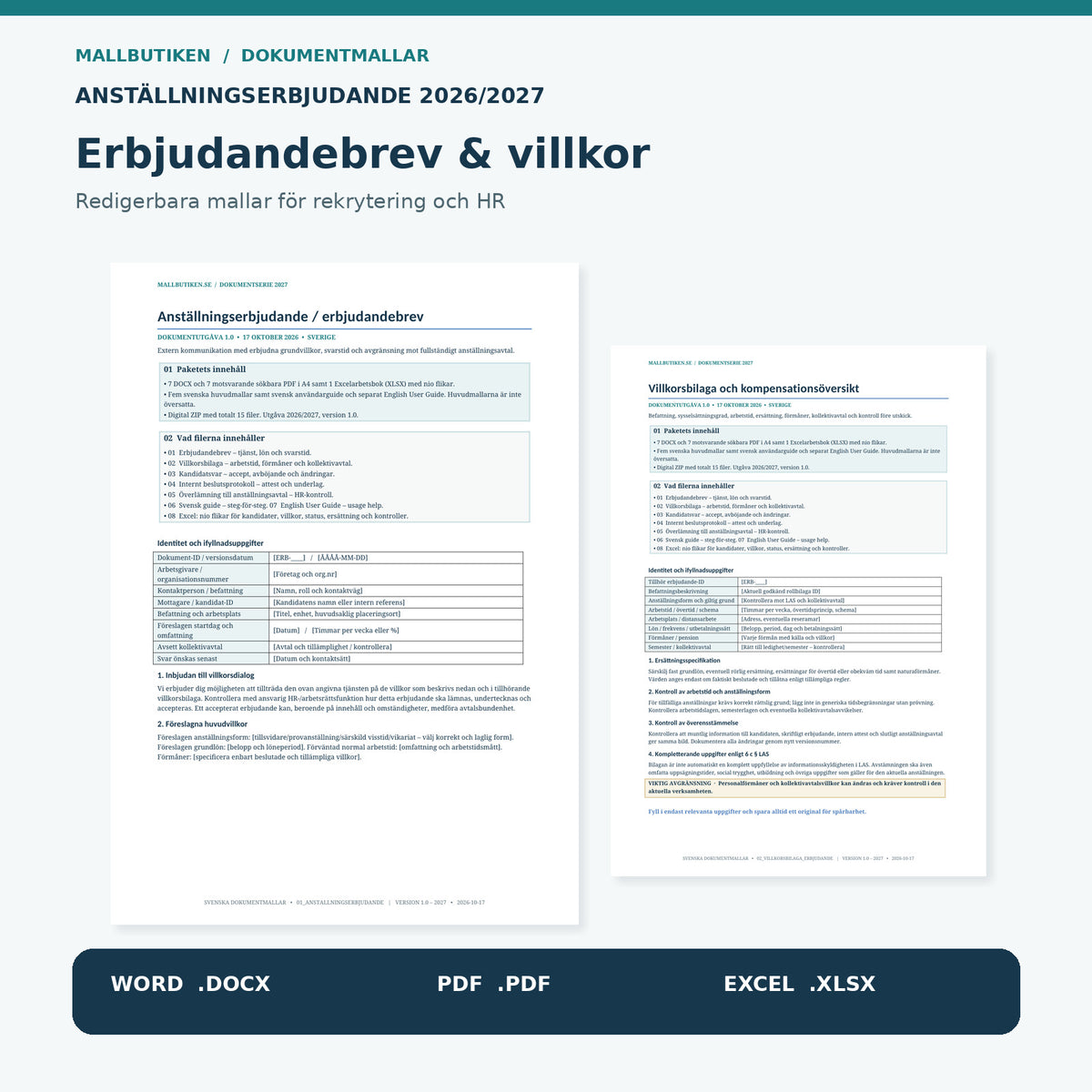 Anställningserbjudande mall 2027 – faktisk Word-mall och villkorsbilaga, Word PDF Excel