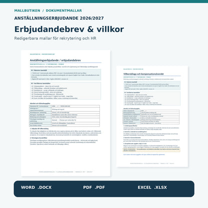 Anställningserbjudande mall 2027 – faktisk Word-mall och villkorsbilaga, Word PDF Excel