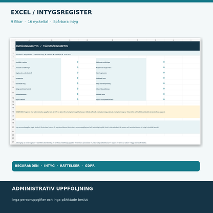 Excel register för anställningsintyg, tjänstgöringsbetyg, utlämning och GDPR 9 flikar