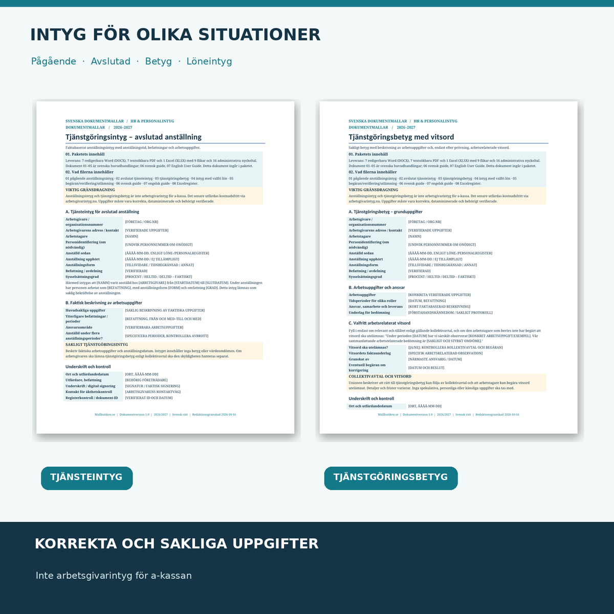 Tjänsteintyg för pågående och avslutad anställning med valfria vitsord Word PDF
