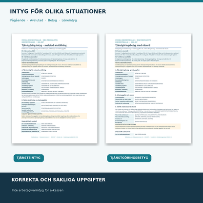 Tjänsteintyg för pågående och avslutad anställning med valfria vitsord Word PDF